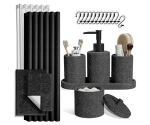 Clara Clark Ensemble de Salle de Bain Noir Charbon - Ensemble de Salle de Bain avec Rideau de Douche et Tapis, Ensemble d'accessoires de Salle de Bain 21 pièces, Ensemble de Rideau de Douche avec