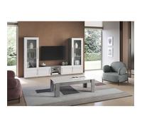 CLARK - Ensemble Salon Complet Blanc et Marbre Meuble TV et Vitrines avec Leds + Table Basse