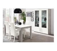 CLARK - Ensemble Séjour Blanc et Marbre Table 190cm + Vitrine 4 Portes avec Leds -