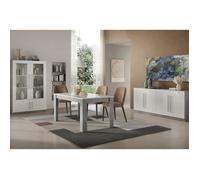 CLARK - Ensemble Séjour Complet Blanc et Marbre Table 160cm + Buffet + Vitrine avec Leds -
