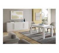 CLARK - Ensemble Séjour Laqué Blanc Table 160cm + Buffet 4 Portes -