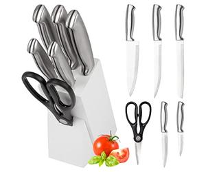 Classbach Bloc de Couteaux avec Couteaux - 7 Pièces Ensemble de Couteaux Inclus Ciseaux de Cuisine, Ensemble de Couteaux de Cuisine avec Lames en Acier Inoxydable, Lot de 5x Lames Tranchantes +