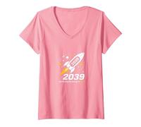 Classe de 2039 - Just Starting My Journey Space Rocket T-Shirt avec Col en V, Femme, Rose, L