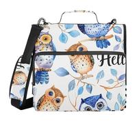 Classeur à 3 anneaux avec fermeture éclair et bandoulière - Aquarelle - Motif hiboux - Pochette extensible - Plusieurs poches
