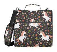 Classeur à 3 anneaux avec fermeture éclair et fleurs de licornes blanches, sac de rangement à anneaux de 3,8 cm avec bandoulière pour ordinateur portable de 13" et 500 feuilles