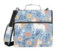 Classeur à 3 anneaux avec fermeture éclair, motif fleurs, licornes, bleu, sac de rangement à anneaux de 3,8 cm avec bandoulière pour ordinateur portable de 13" et 500 feuilles