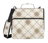 Classeur à carreaux vichy crème à 3 anneaux avec poches supplémentaires avec poignée et bandoulière amovible, plusieurs poches pour bureau, école