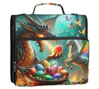 Classeur à fermeture éclair avec dragon, licorne, œufs de Pâques de 3,8 cm, classeur coloré à 3 anneaux avec bandoulière pour rangement scolaire, porte-documents avec poignée