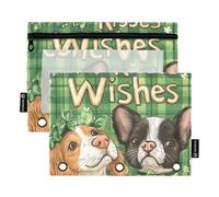 Classeur à fermeture éclair avec fenêtre transparente - Inscription « St Patrick Kisses Wishes » - Motif chien de dessin animé - Trousse à crayons avec fenêtre transparente et œillets - 3 trous