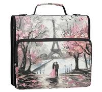 Classeur à fermeture éclair pour étudiant à 3 anneaux de 3,8 cm avec anneaux en D Paris Eiffel Fleurs de cerisier Étui portefeuille de rangement avec poignée et bandoulière pour l'école