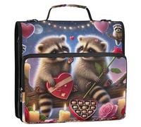 Classeur à fermeture éclair romantique raton laveur Valentine Love 3 anneaux 3,8 cm D anneau dessin animé sac d'école sac de classeur avec bandoulière de rangement portefeuille étui avec poignée