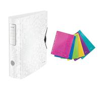 Classeur à levier Leitz WOW Active A4 | 500 feuilles | Dos arrondi 82 mm | Fixation élastique | Blanc | 11060001 + Pochettes perforées WOW A4 | Rabat Velcro | PP | 40 feuilles | Assortis | 47070099