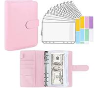 Classeur A6 en PU Cuir, Budget Planner, Housse de Cahier 6 Anneaux avec 12 Pochettes Transparentes Zippées Dossier Pour La Budgétisation De L'argent Enveloppes Économiser Organisateur - Rose