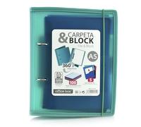 Classeur & Block A5 - 4 anneaux ronds de 32 mm - 150 feuilles de 5 couleurs - 5 intercalaires - Fermeture en caoutchouc - latérales renforcées (vert)