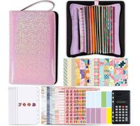Classeur budget A6 avec fermeture à glissière,organiseur d'argent, 4pochettes en PVC,enveloppe 12 couleurs,mini-calculatrice-Rose