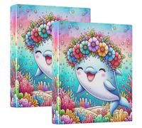 Classeur coloré à 3 anneaux 3,8 cm pouvant contenir 200 feuilles - Motif dauphin mignon - Carnet de notes à anneaux ronds - 31,5 x 27 x 6 cm