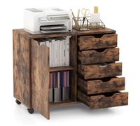 Classeur de Bureau COSTWAY-5 tiroirs et 1 Compartiment de Stockage-Bureau en Bois-Étagère Réglable-5 Roulettes-78 x 40 x 65 cm-Café