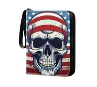 Classeur de cartes à 4 poches, motif crânes aquarelles avec drapeau américain, classeur portable à fermeture éclair pour cartes à collectionner, 50 pages, 400 poches, dossier de cartes de jeux de