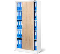 Classeur en métal avec portes coulissantes 4 étagères Revêtement en poudre Verrouillable 185 cm x 90 cm x 40 cm Blanc / Chêne Sonoma