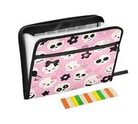 Classeur multi-poches 13 poches format A4 avec fermeture éclair pour fournitures de bureau, motif tête de mort et fleurs blanches
