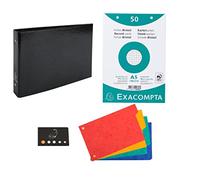 Classeur Pour Fiches + 100 Fiches Bristol A5 Quadrillées Perforées + 4 Intercalaires + 1 Index Adhésif Blumie (Noir)