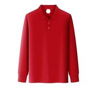 Classic Button Up Breathable Polo Shirt Men Solid Long Sleeve Business Work Tops(Red,S)