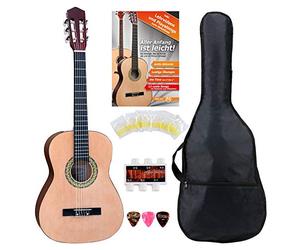 Classic Cantabile AS-861 Guitare Classique 3/4 Set Débutant (guitare classique acoustique, adaptée aux enfants de 8 à 11 ans, housse, cordes, partitions, médiators, sifflet accordeur) naturel