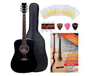 Classic Cantabile WS-10BK-LE Guitare Western Gaucher Starter-Set Dreadnought 6 cordes, 20 frettes, accessoires, housse, cahier de partitions, cordes, médiators, noir.