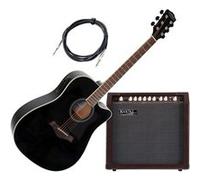 Guitare Electro Acoustique Folk Cutaway Noir 3-Bandes EQ Noir Combo & Cable Set