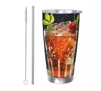 Classic Cocktail Print Gobelet isotherme à double paroi avec couvercle et paille - En acier inoxydable - Réutilisable - Anti-déversement - Portable - Pour boissons froides et chaudes - 591 ml