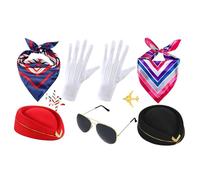Classic Stewardess Hat and Gloves - 5 Pieces Attendant Outfit | Costume Set with Dress-Up Functions, Polyester Fabric Props with Smooth FInished, Party Accessory for Holiday Birthday Home Vacation