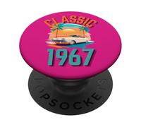 Classique 1967 avec Voiture, Palmiers et Coucher de Soleil PopSockets PopGrip Adhésif