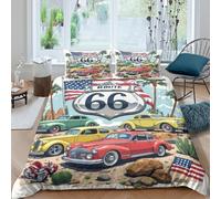 Classique Cars USA Housse de Couette Microfibre résistante 3 pièces 3D Imprimée Léger Vintage Road Trip Art Parure de Lit avec Taie d'oreiller Entretien Facile for Adolescent Super King（260x220cm）