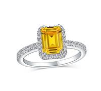 Intemporel Cubic Zirconia Art Deco Style 2-5 Ctw Halo Aaa Cz Clear Canary Yellow Statement Princesse Rectangle Emerald Cut Bagues De Fiançailles Pour Femmes .925 Argent Sterling Rose Gold Plated