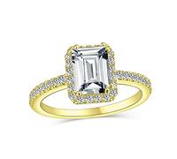 Classique Intemporel Élégant 3Ct Halo Cz Style Art Déco Bague De Fiançailles S Coupe Émeraude Rectangulaire Claire Pavée De Zircon Cubique Bande Fine De 1 Mm En Argent Sterling Plaqué Or Jaune 14K