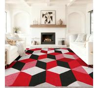 Classique Moderne Tapis de Salon Lavable en Machine Antiderapant | Imprimé Red Black White Cube Geometric, Tapis Doux et Léger pour Salle à Manger Chambre Couloir Bureau 160 x 230 cm