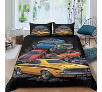 Classique muscle cars Housse de Couette Microfibre résistante 3 Pièces 3D Effet Léger Vintage car illustration Parure de Lit avec Taie d'oreiller Facile d'entretien for Fille Single（135x200cm）