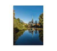 Classique Puzzle Adulte 1000 Pièces Paysage Puzzle en Papier，Étang du château avec l'église Saint-Lambert，DIY Cadeaux De Noël Décor À La Maison（50x70cm）-AX47