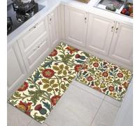 Classique William Morris Tapis de Cuisine 2 pièces, Fleurs Pastorales Rétro Tapis de Cuisine antidérapant, Rouge Tapis de Sol de Cuisine Absorbant l'eau et résistant aux Taches - 43x75+43x150cm