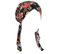 Classy Bandeau élastique imprimé chimio turban hijab pré-noué pour couvre-tête chapeau femme naissance, Fond noir rouge flo D, M