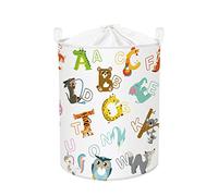 Clastyle 45L Corbeilles à Linge Blanc Lion Alphabet Animaux pour Garçon Fille Paniers à Linge Sale Enfants Pliables Rond pour Jouets Vêtements, 36x45 cm