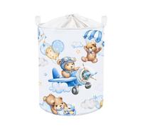 Clastyle 45L Grand Corbeilles à Linge Ours Aviateur Bleu pour Garçon Fille avec Poignée Paniers à Linge Sale Ballons Repliable Vêtements Jouets avec Couvercle pour Salle de Bain