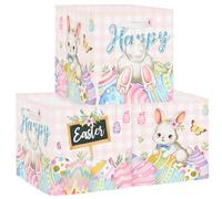 Clastyle Boîtes de Rangement Lot de 3 Pâques Paniers de Rangement Cube Lapin Oeufs Enfant Pliables Coffre à Jouets Garçons Filles pour Étagères Livres, Rose, 30x30x30 cm