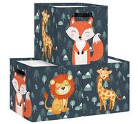 Clastyle Lot de 3 Boite Rangement Tissu Enfant Animaux de Forêt Cube de Rangement Pliable Garçons Filles Panier Kallax pour Salle de Bain,Renard Lion Girafe Raton Laveur,30x30x30 cm