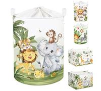 Clastyle Panier Rangement Bébé Animaux Tropical Corbeille à Linge Sale Pliable Garçon Fille pour Vêtement Boite de Rangement Jouet pour Salle de Bain Chambre à Coucher, Lion Éléphant, 40x50 cm