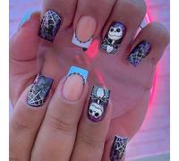 Clataly 24 PCS Halloween faux ongles toile d'araignée Ghost Moon Cross squelette faux ongles femme fille pressée sur les ongles (B)