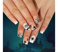 Clataly 24 PCS Halloween faux ongles toile d'araignée Ghost Moon Cross squelette femme fille pressée sur les ongles (C)