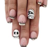 Clataly 24 PCS momie squelette faux ongles Halloween citrouille dessin animé drôle faux ongles étoiles lune ongles pressés sur faux ongles (B)
