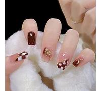 Clataly 24pcs arbre de Noël amour court faux PERLE FLEUR chien lapin acrylique faux clou fille Nail Print (F)