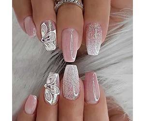 Clataly 24pcs beau lapin cercueil faux ongles Rose dégradé Glitter presse ongles moyen long Ballet fille faux ongles artificiels (C)